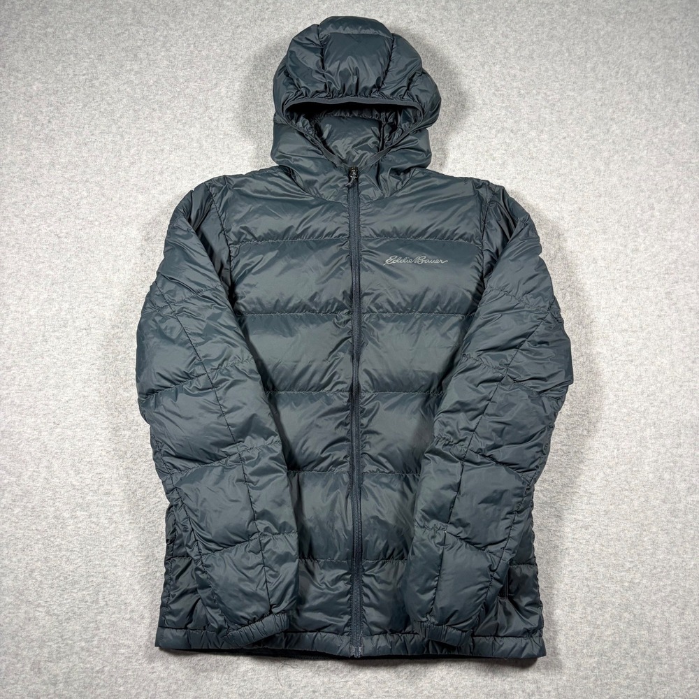 Eddie Bauer Wide Channel Hooded Down Jacket Mens Small Gray EB650 Puffer Coat